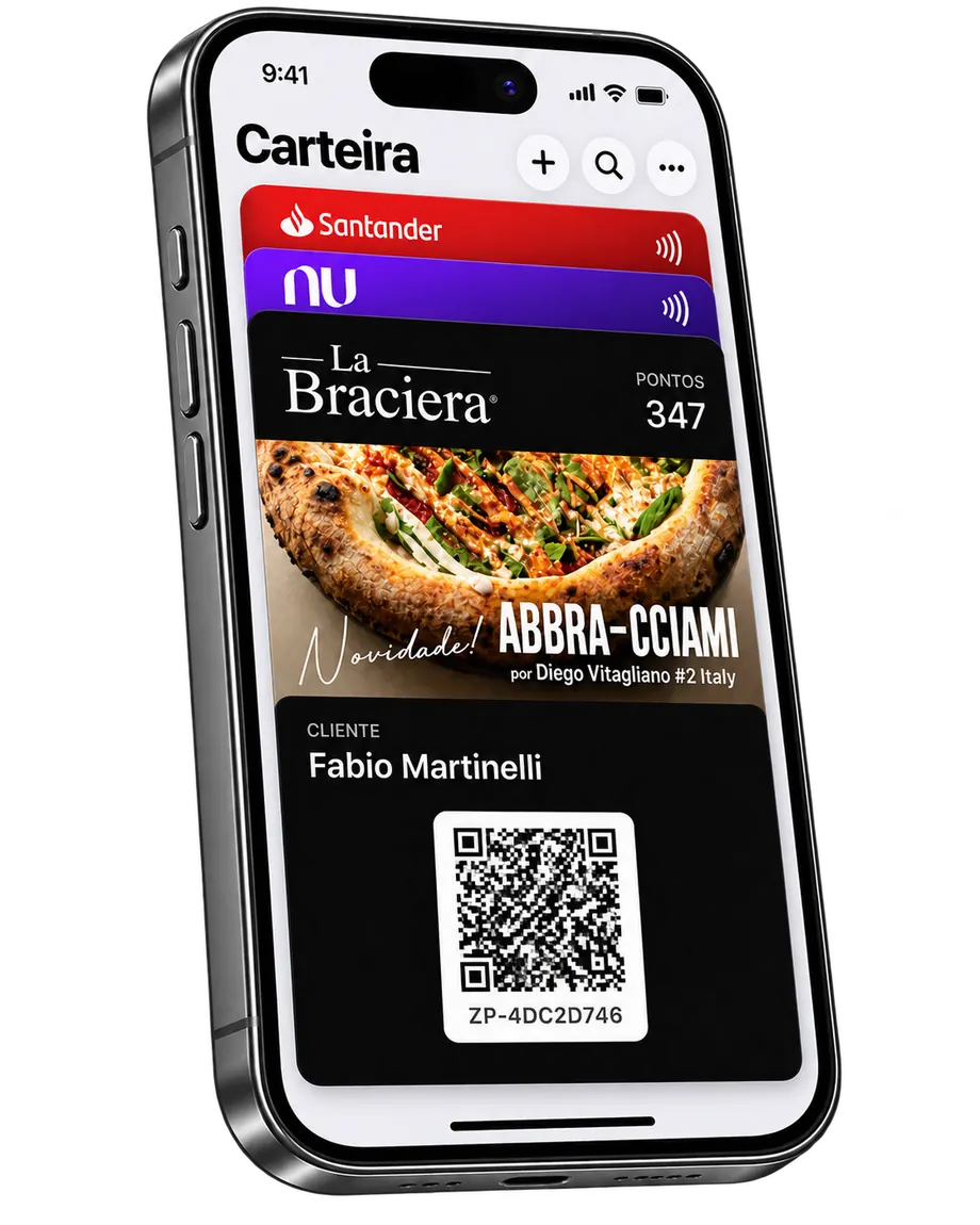 iPhone with the Wallet open, showing La Braciera's loyalty card with 347 points, the Abbra-cciami pizza and the customer's QR code